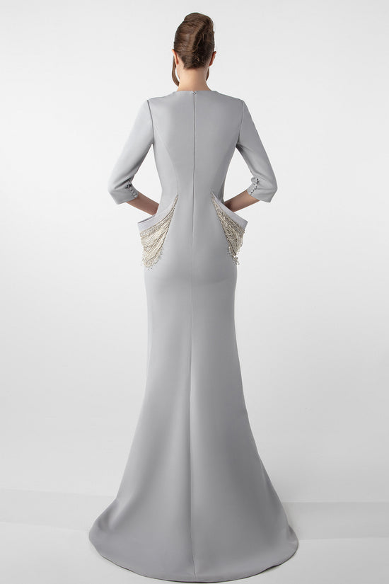Structured Crepe Gown with Embroidered Accents