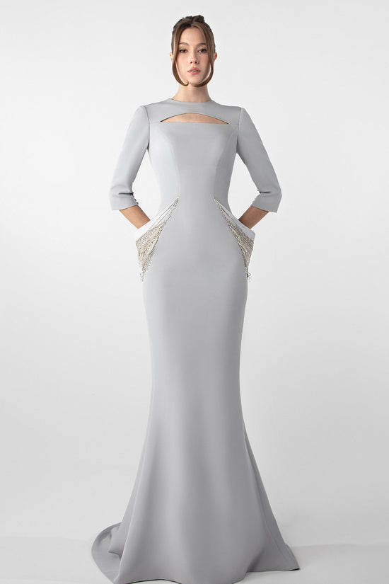 Structured Crepe Gown with Embroidered Accents
