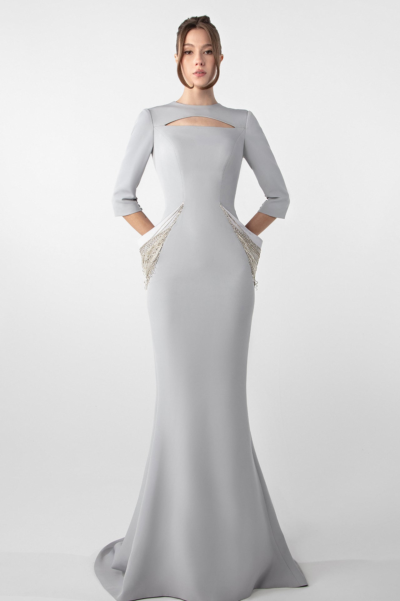Structured Crepe Gown with Embroidered Accents