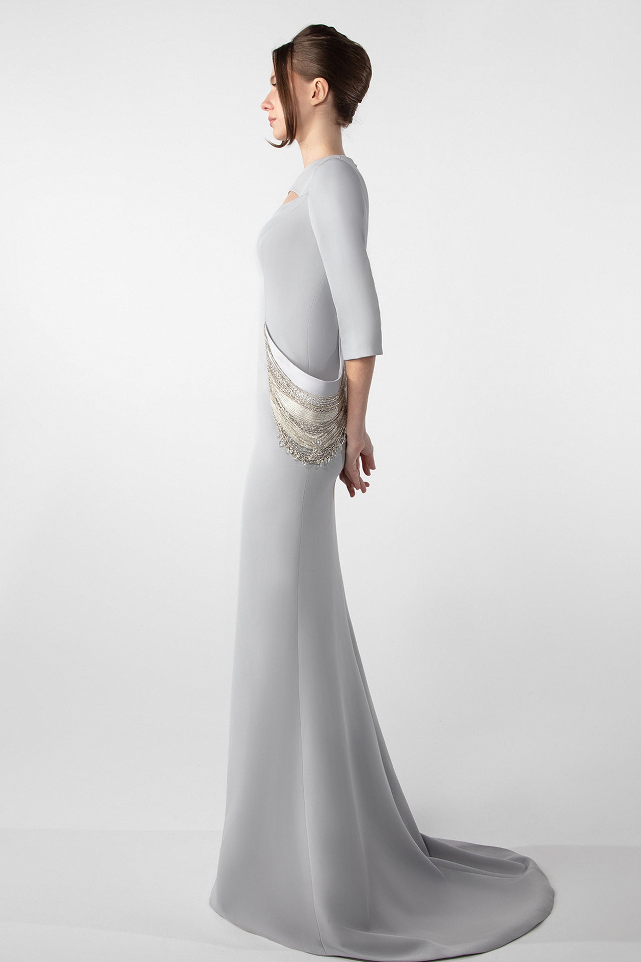 Structured Crepe Gown with Embroidered Accents