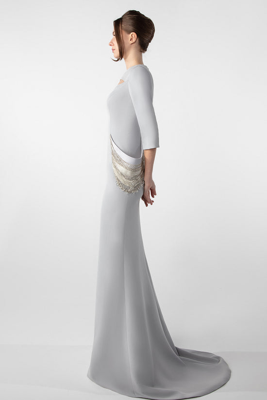 Structured Crepe Gown with Embroidered Accents