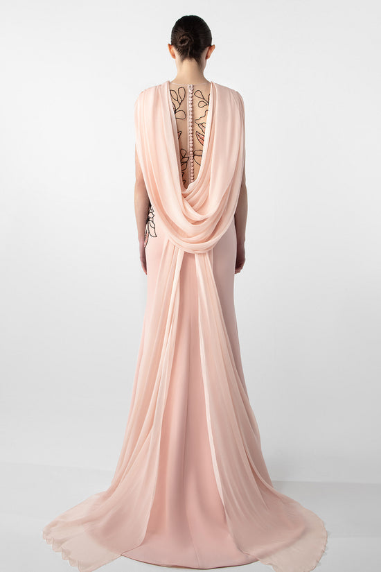 Fitted Crepe Dress with Embroidered Cape