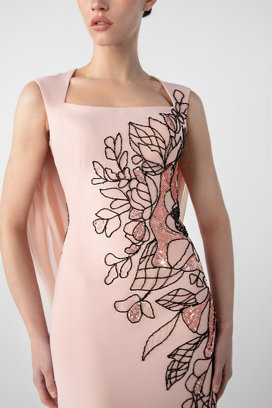 Fitted Crepe Dress with Embroidered Cape