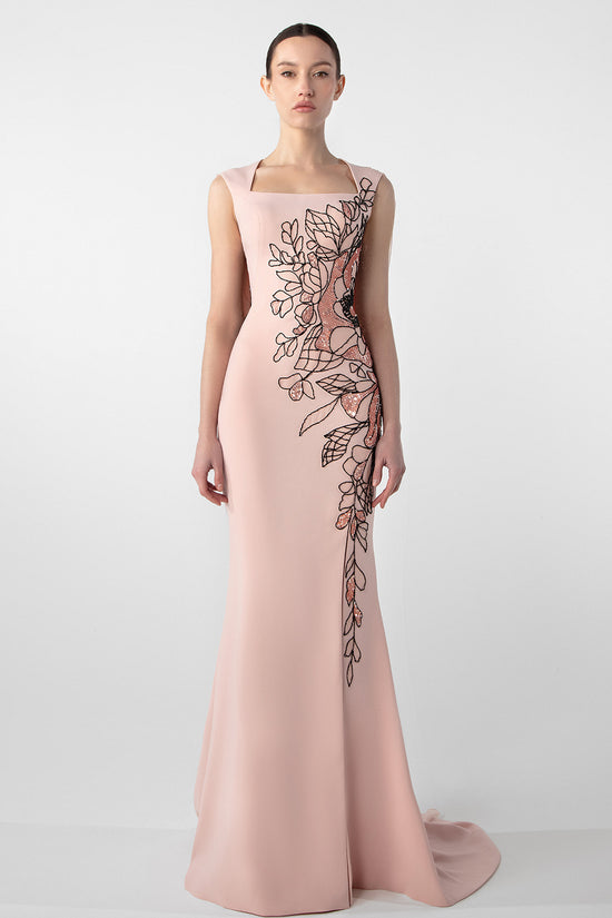 Fitted Crepe Dress with Embroidered Cape