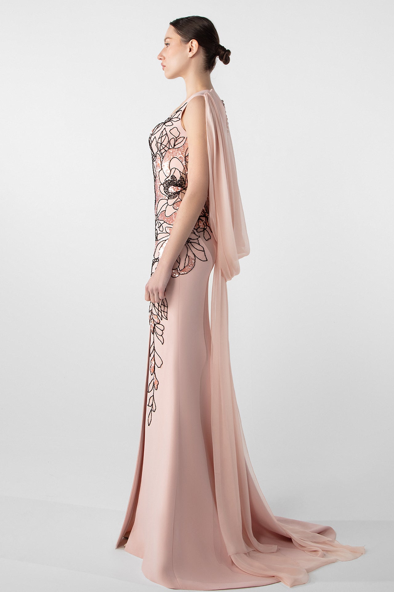 Fitted Crepe Dress with Embroidered Cape