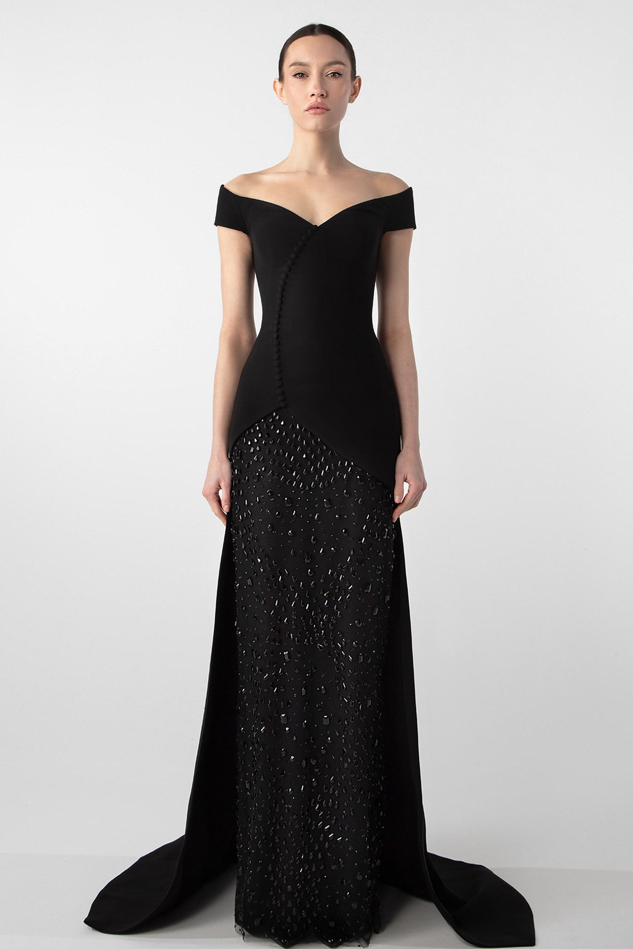 Off-Shoulder Gown with Embroidered Jet Stones