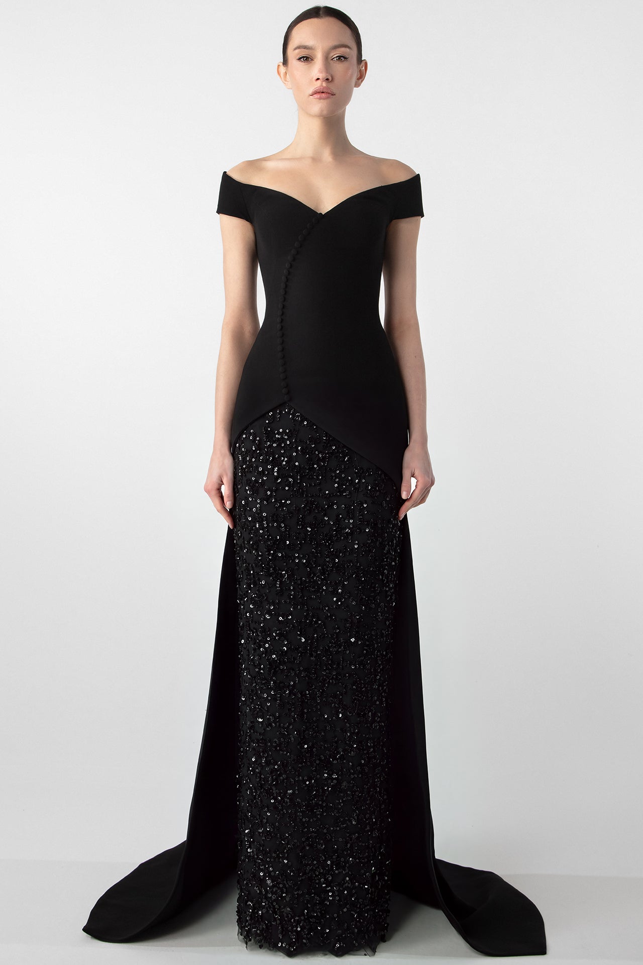 Off-Shoulder Gown with Embroidered Jet Stones