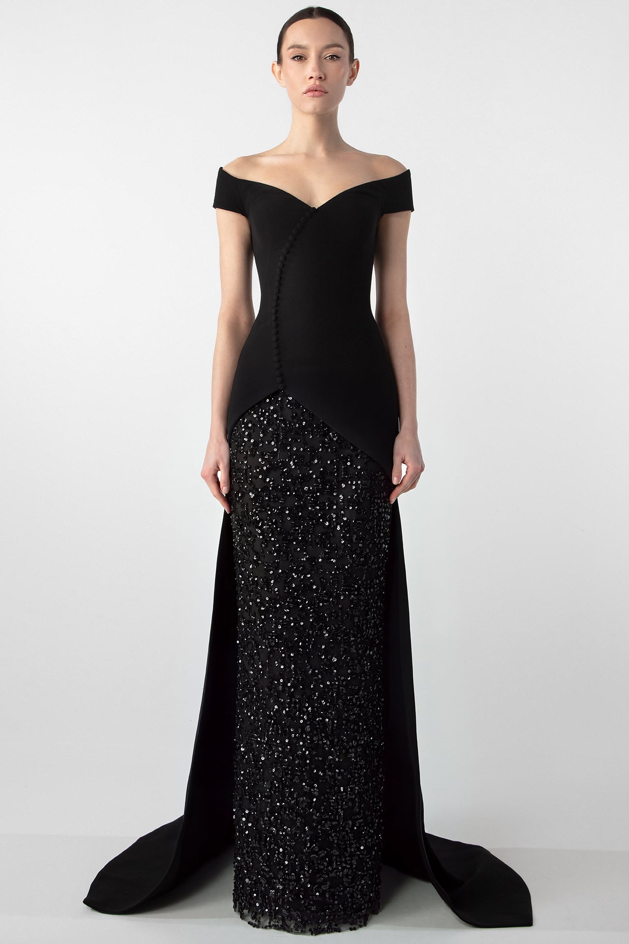 Off-Shoulder Gown with Embroidered Jet Stones