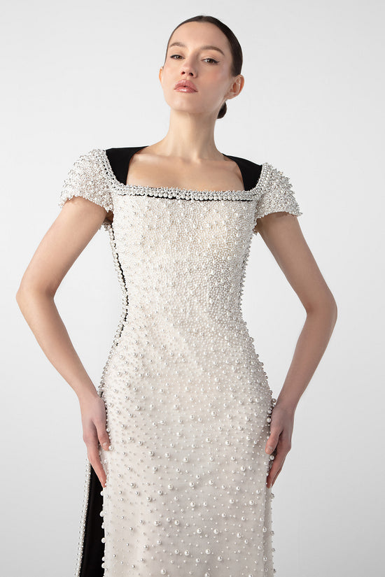 Pearl-Embroidered Gown with Contrasting Train