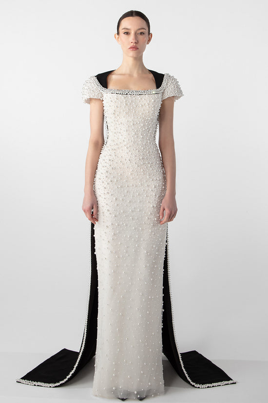 Pearl-Embroidered Gown with Contrasting Train