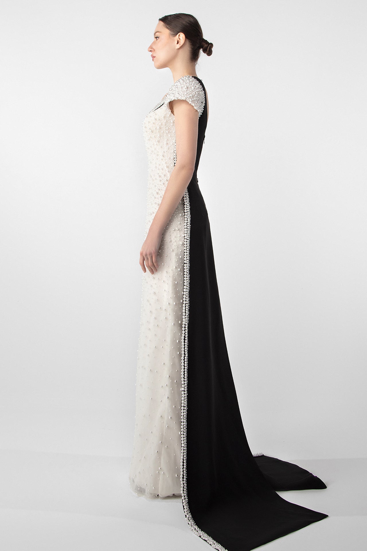 Pearl-Embroidered Gown with Contrasting Train
