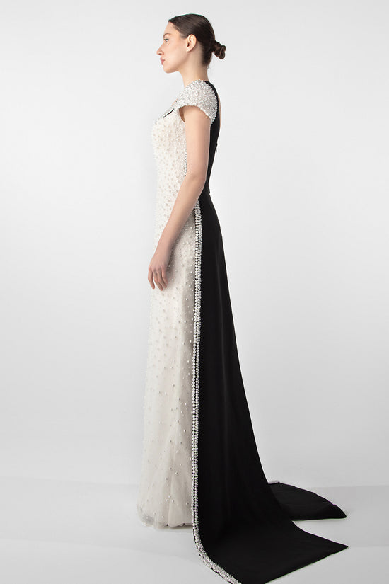 Pearl-Embroidered Gown with Contrasting Train