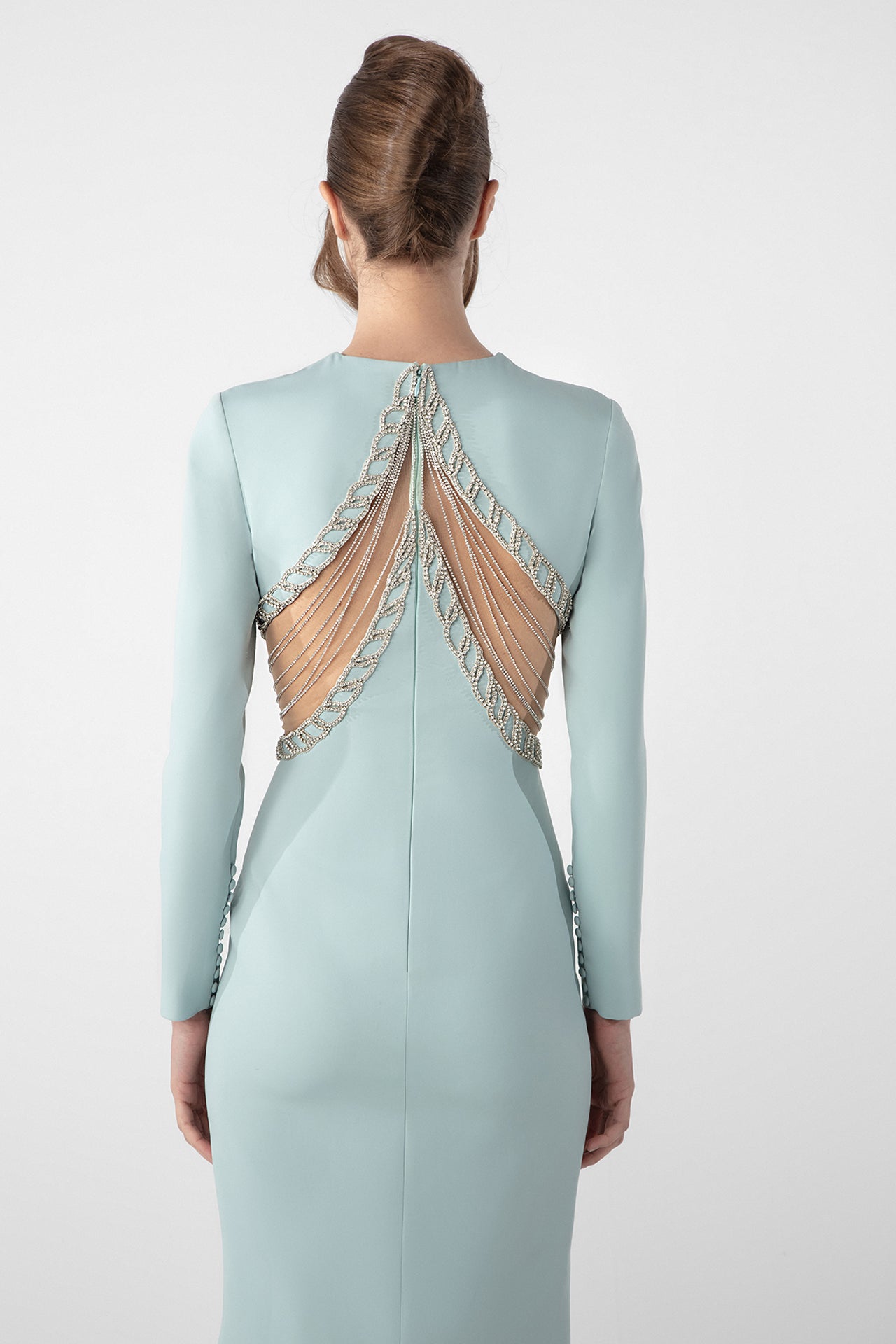 Fitted Crepe Dress with Crystal Chain Embroidery