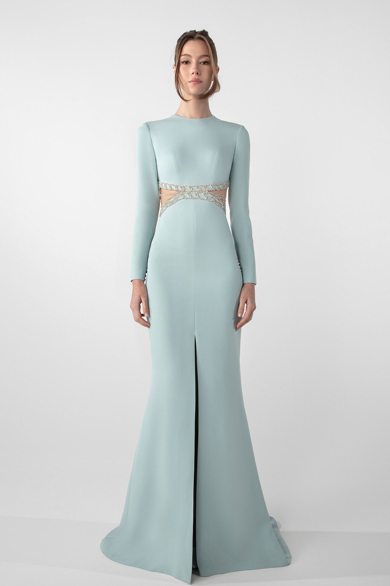 Fitted Crepe Dress with Crystal Chain Embroidery