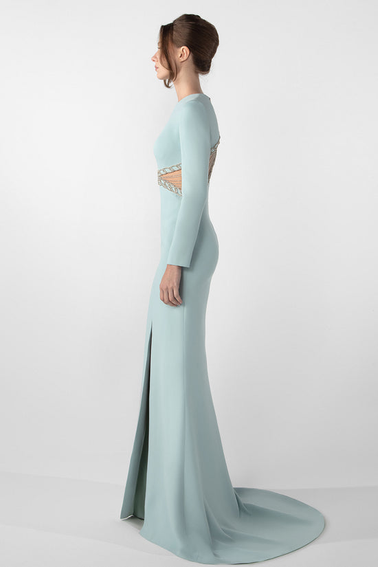 Fitted Crepe Dress with Crystal Chain Embroidery