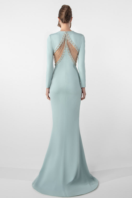 Fitted Crepe Dress with Crystal Chain Embroidery
