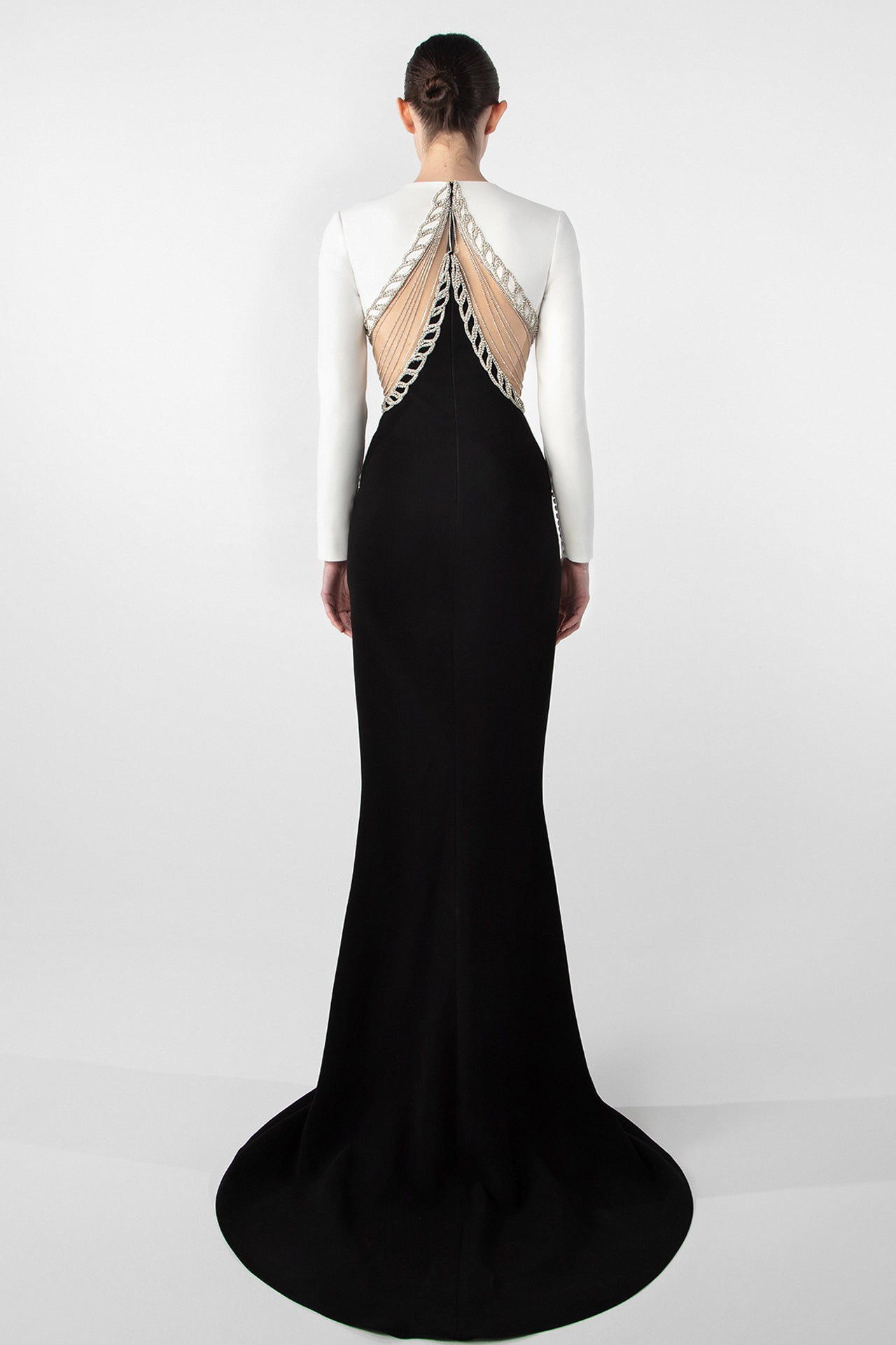 Elegant Crepe Gown with Embroidered Cutouts