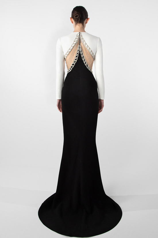 Elegant Crepe Gown with Embroidered Cutouts