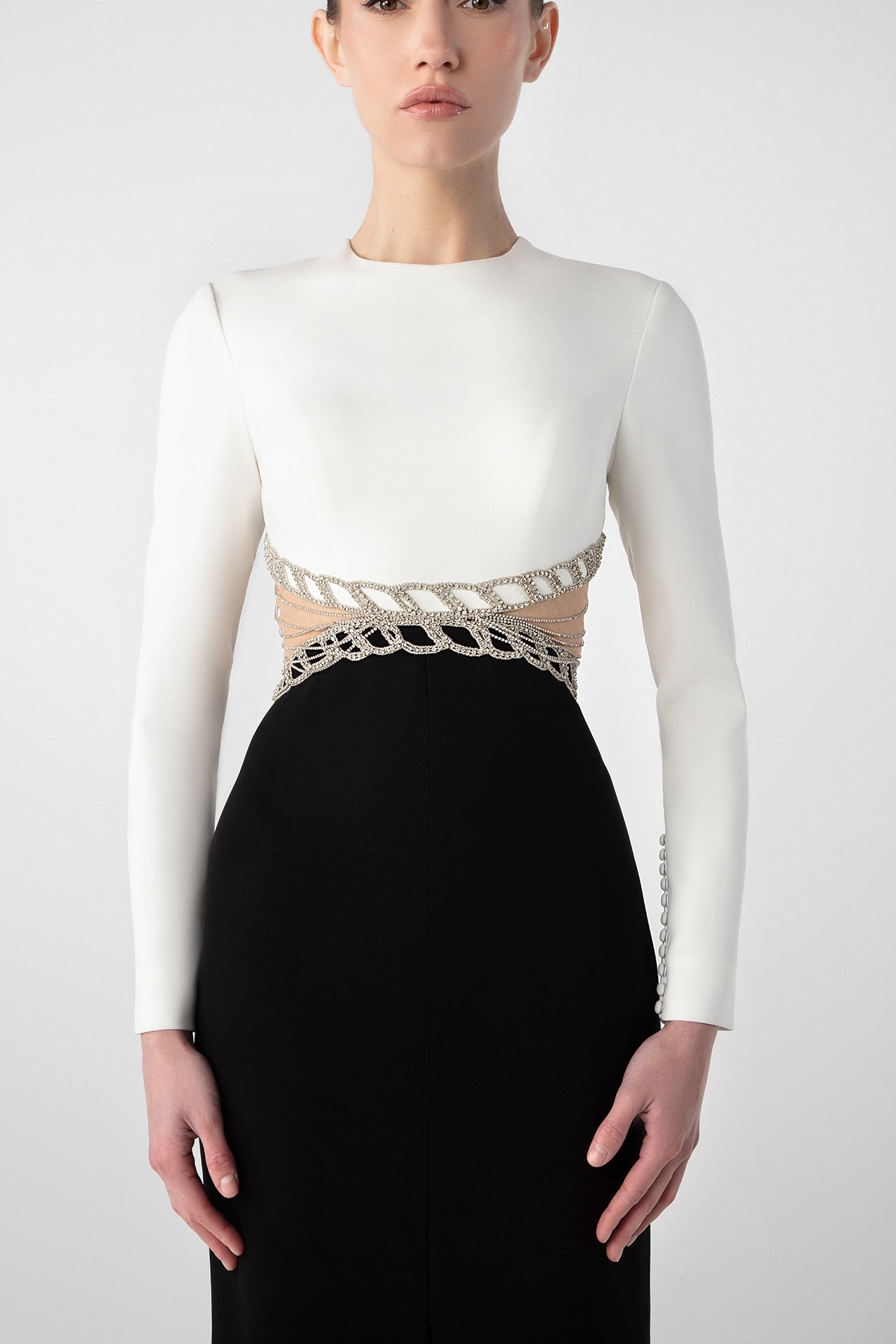 Elegant Crepe Gown with Embroidered Cutouts