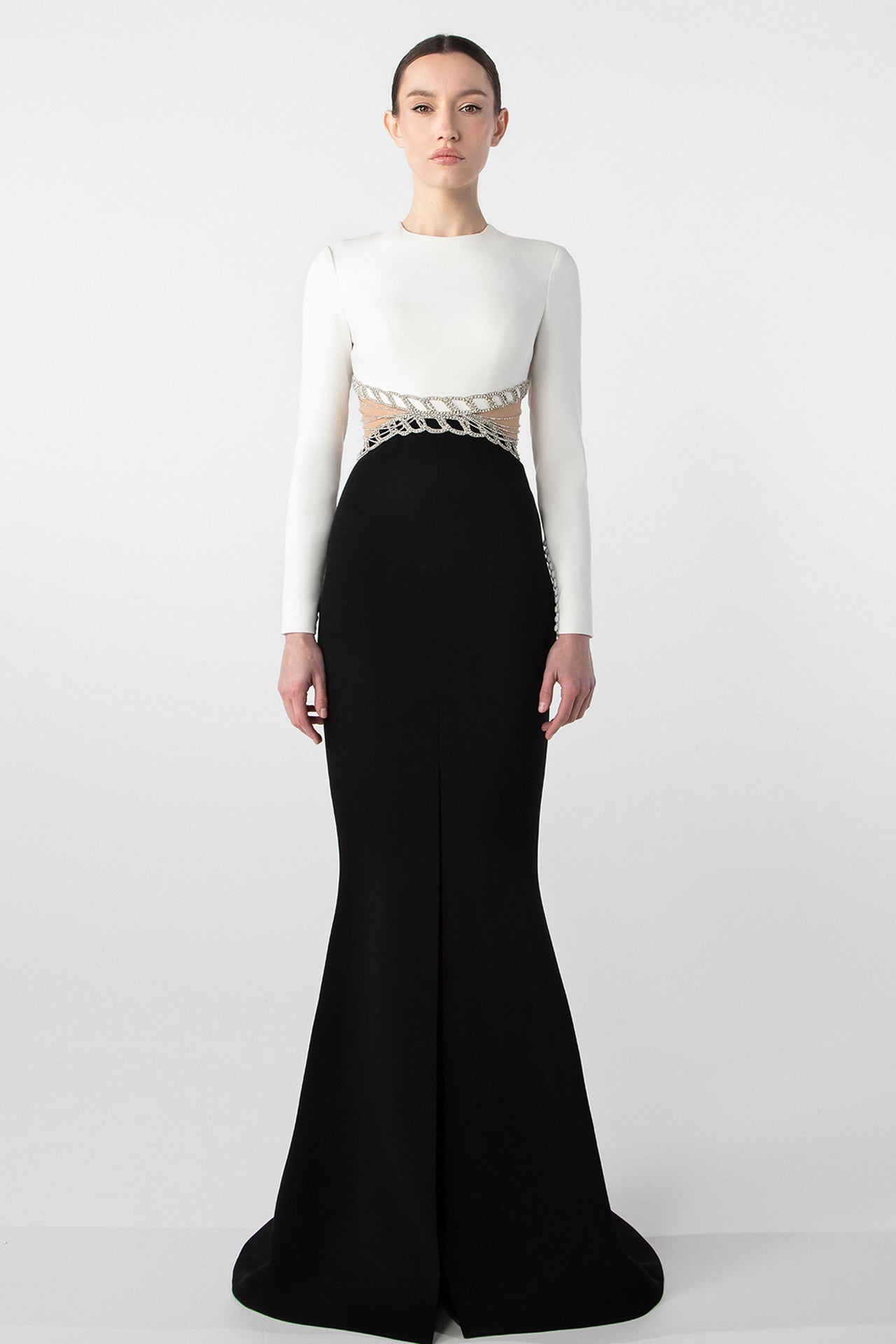 Elegant Crepe Gown with Embroidered Cutouts