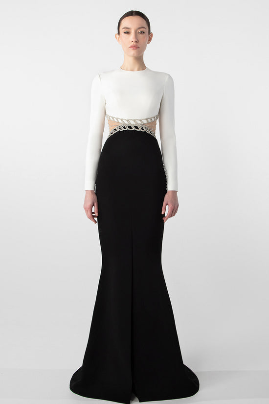 Elegant Crepe Gown with Embroidered Cutouts
