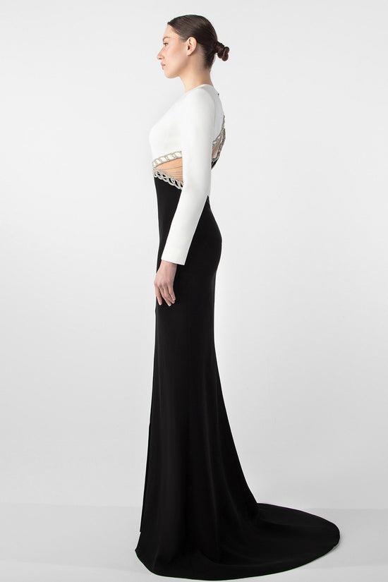 Elegant Crepe Gown with Embroidered Cutouts