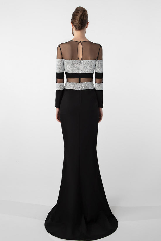 Sheer Panel Gown with Embellished Details