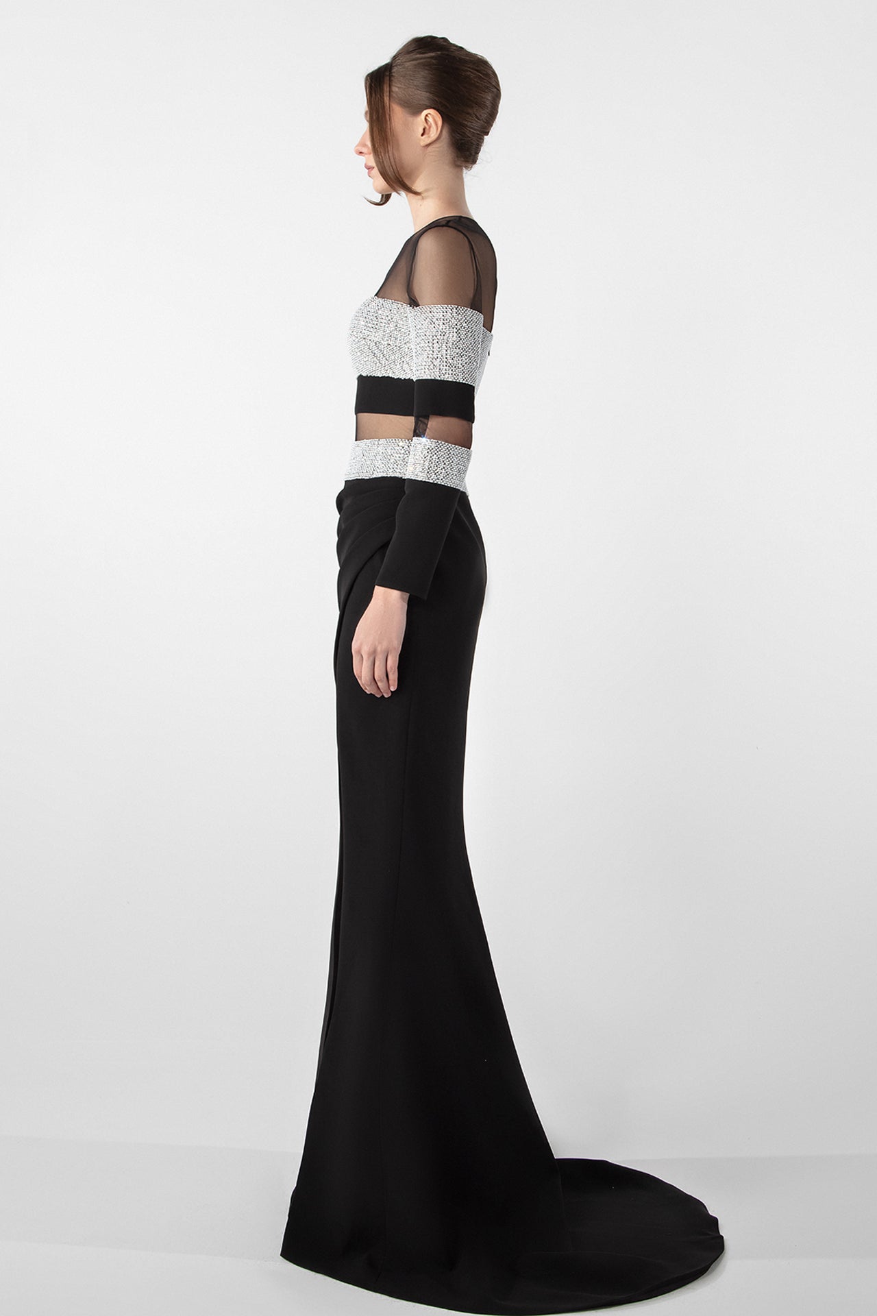 Sheer Panel Gown with Embellished Details
