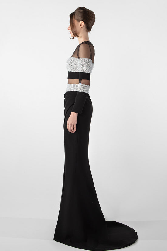 Sheer Panel Gown with Embellished Details