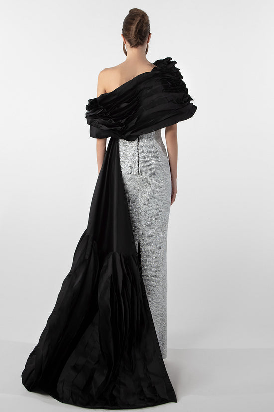 Crystal Embellished Column Dress with Tulle Cape