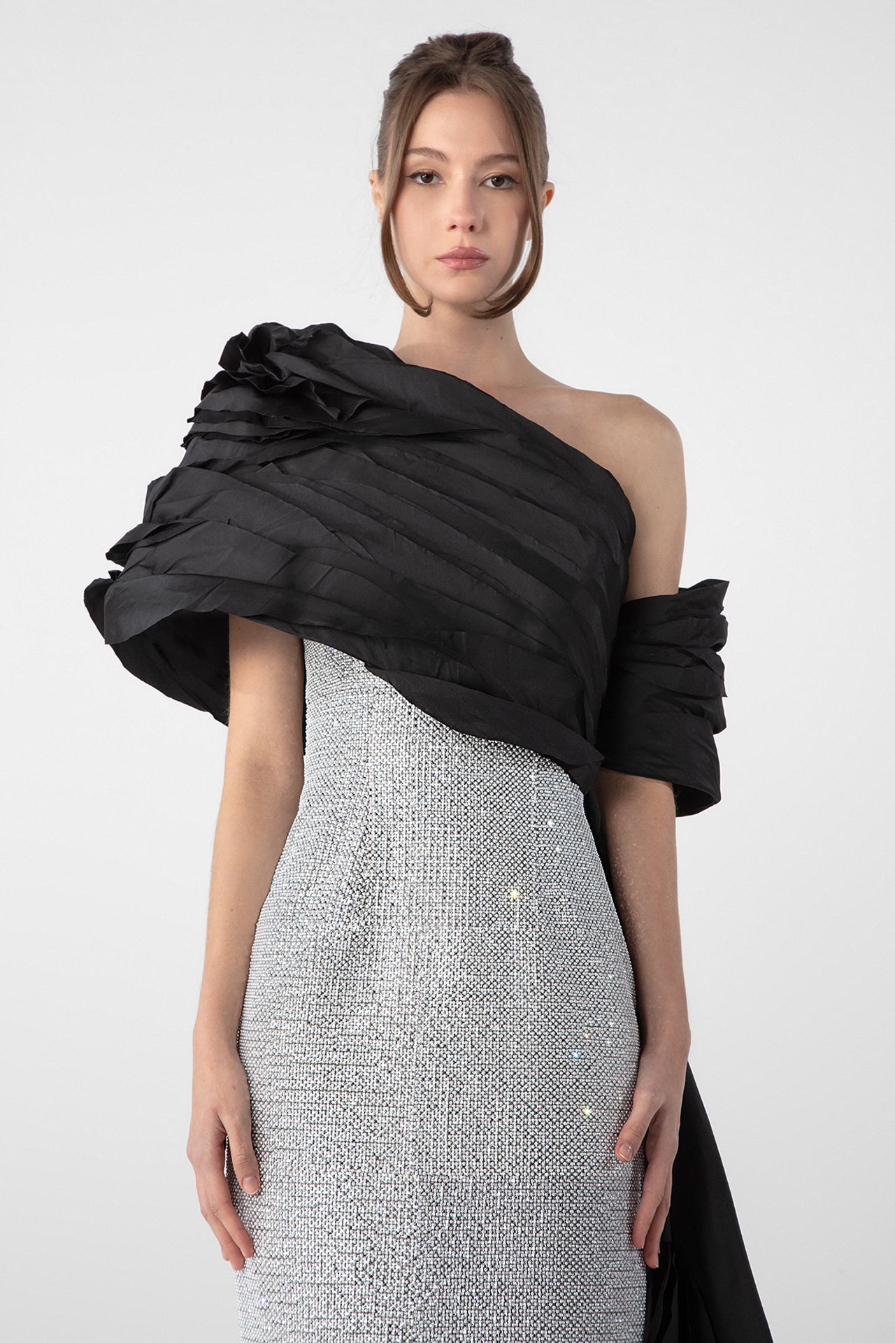 Crystal Embellished Column Dress with Tulle Cape