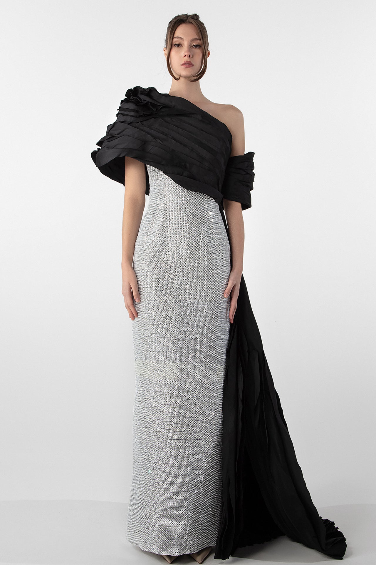 Crystal Embellished Column Dress with Tulle Cape