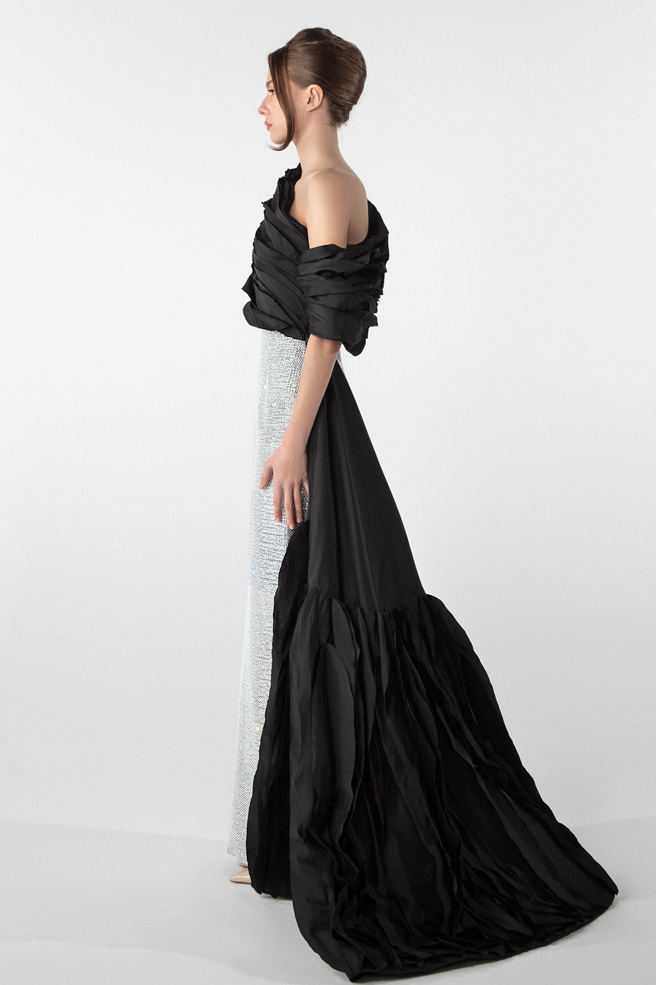 Crystal Embellished Column Dress with Tulle Cape