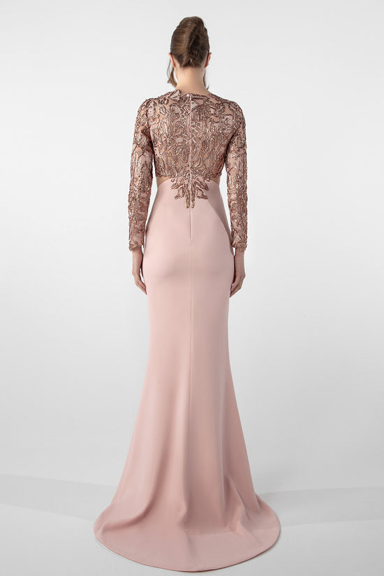 Embroidered Long-Sleeve Crepe Dress
