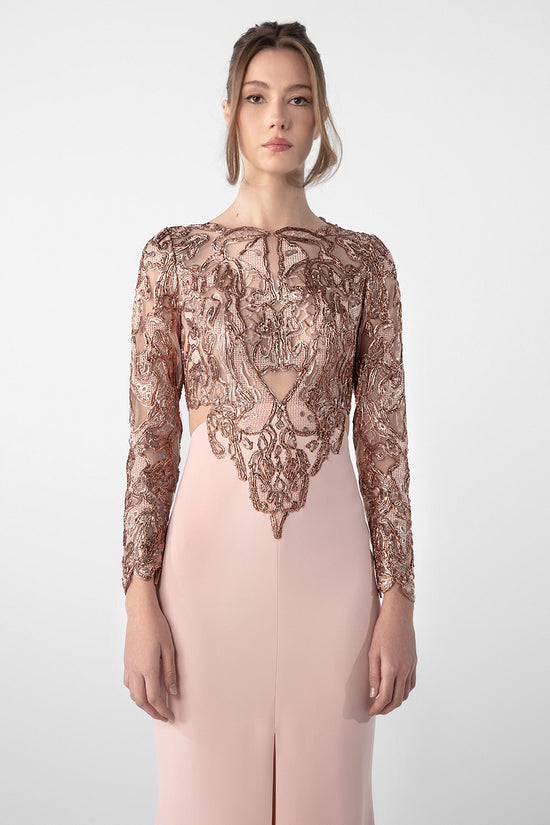 Embroidered Long-Sleeve Crepe Dress
