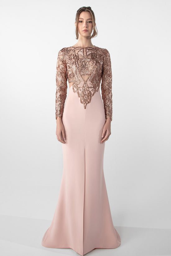 Embroidered Long-Sleeve Crepe Dress
