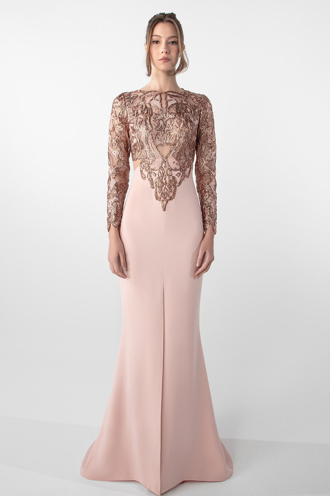 Embroidered Long-Sleeve Crepe Dress