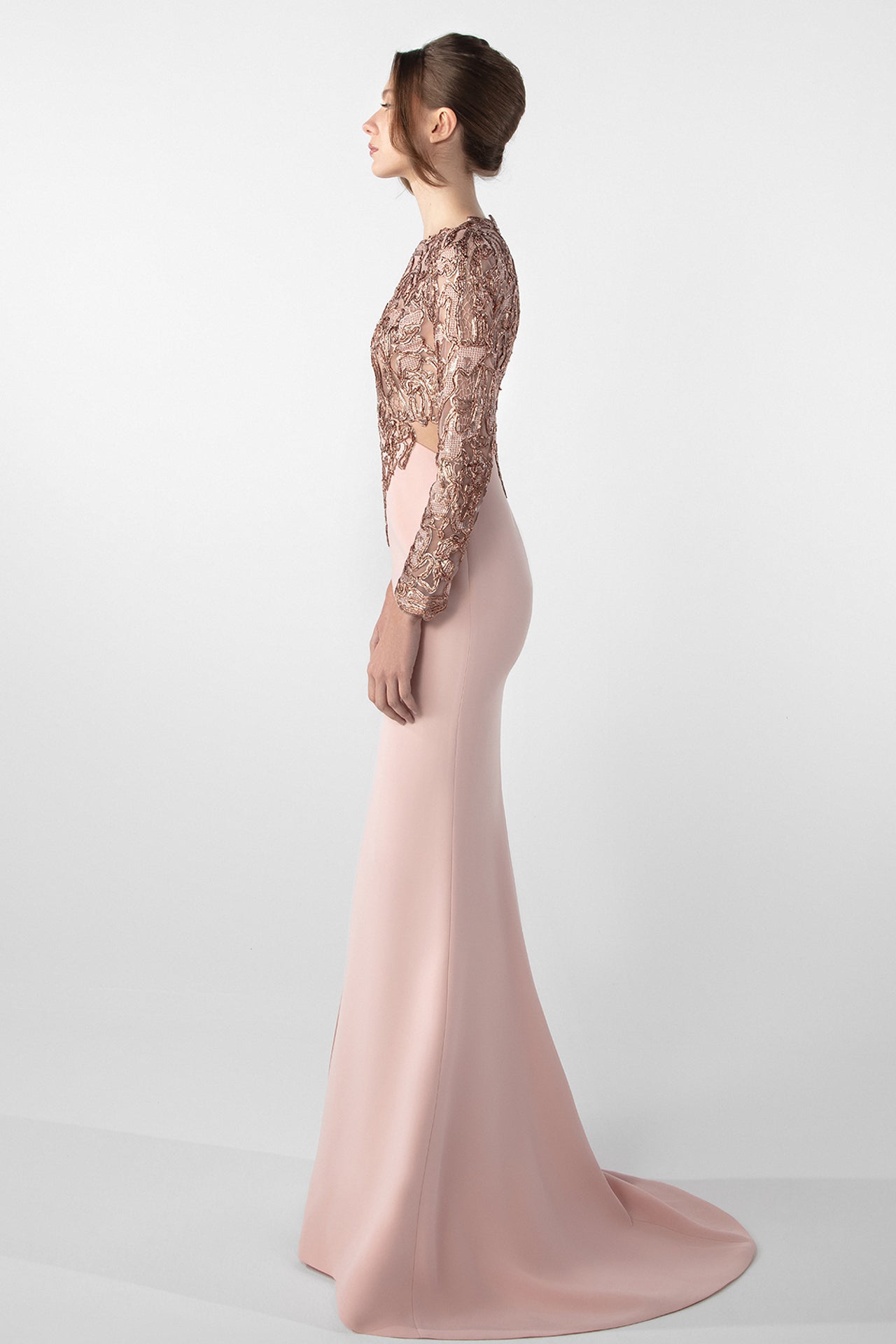 Embroidered Long-Sleeve Crepe Dress