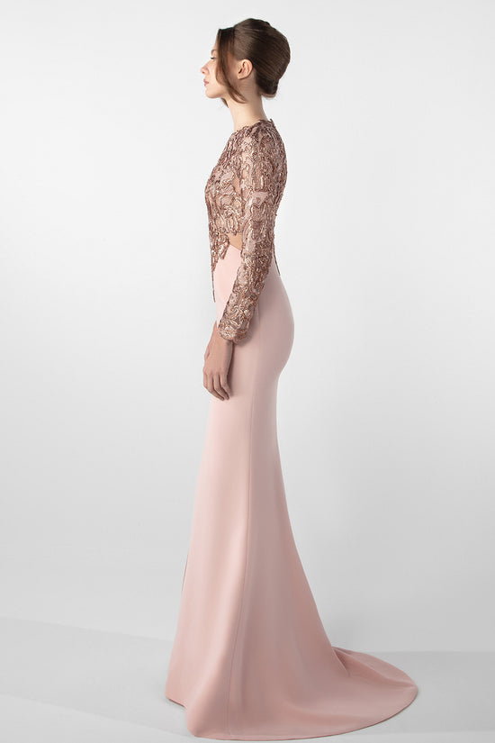 Embroidered Long-Sleeve Crepe Dress