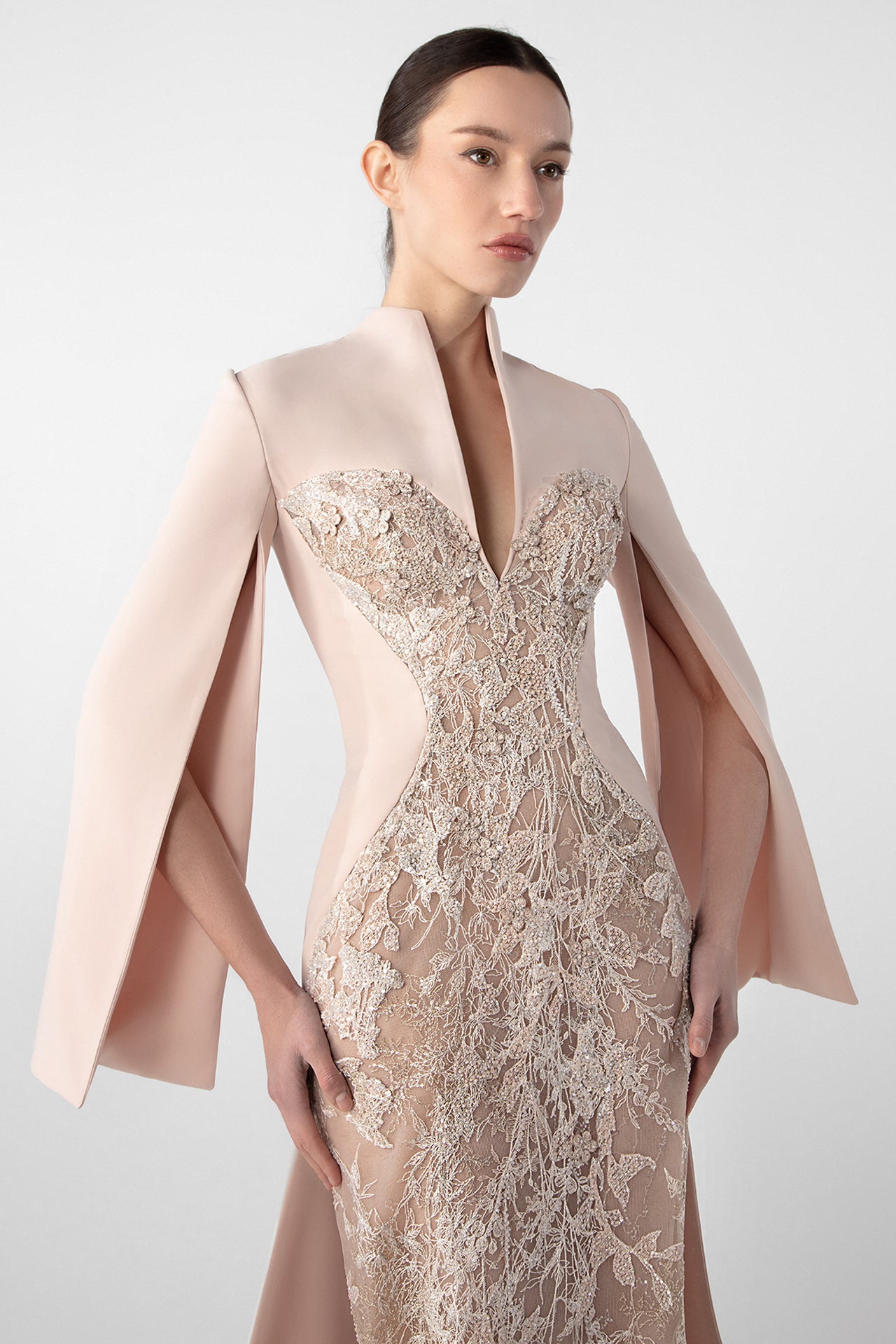 Embroidered Crepe Dress with Open Sleeves