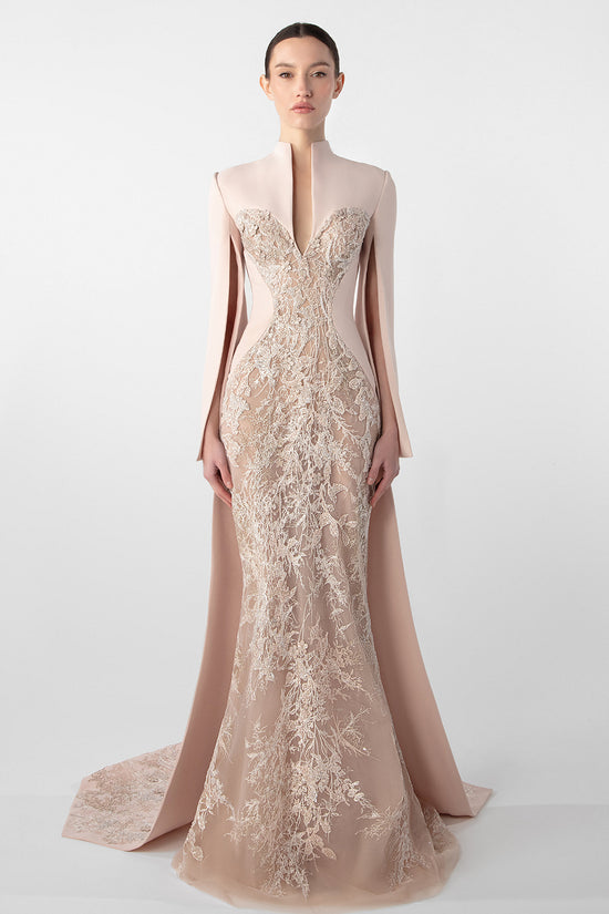 Embroidered Crepe Dress with Open Sleeves