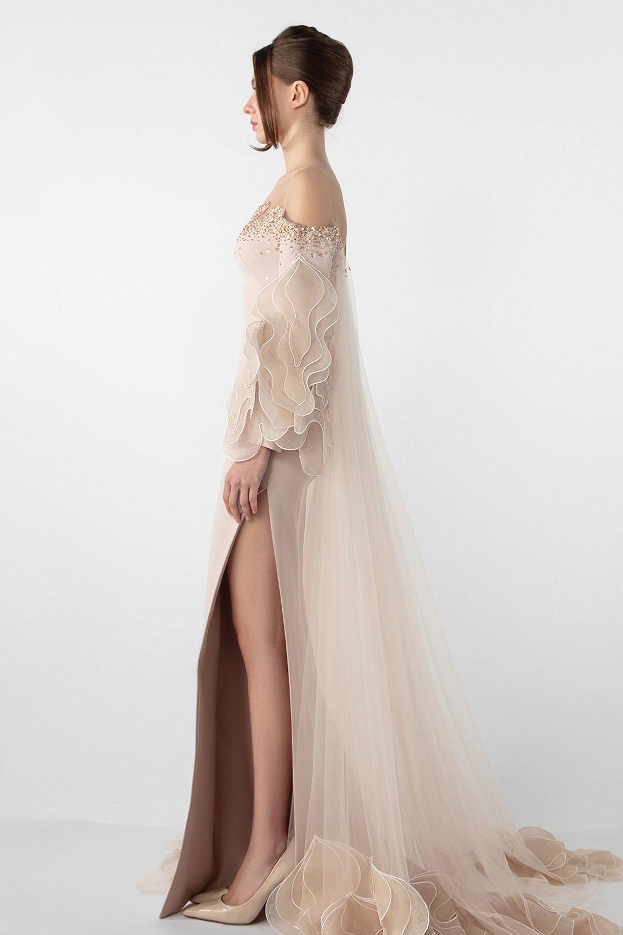 Off-Shoulder Dress with Ruffled Organza Sleeves