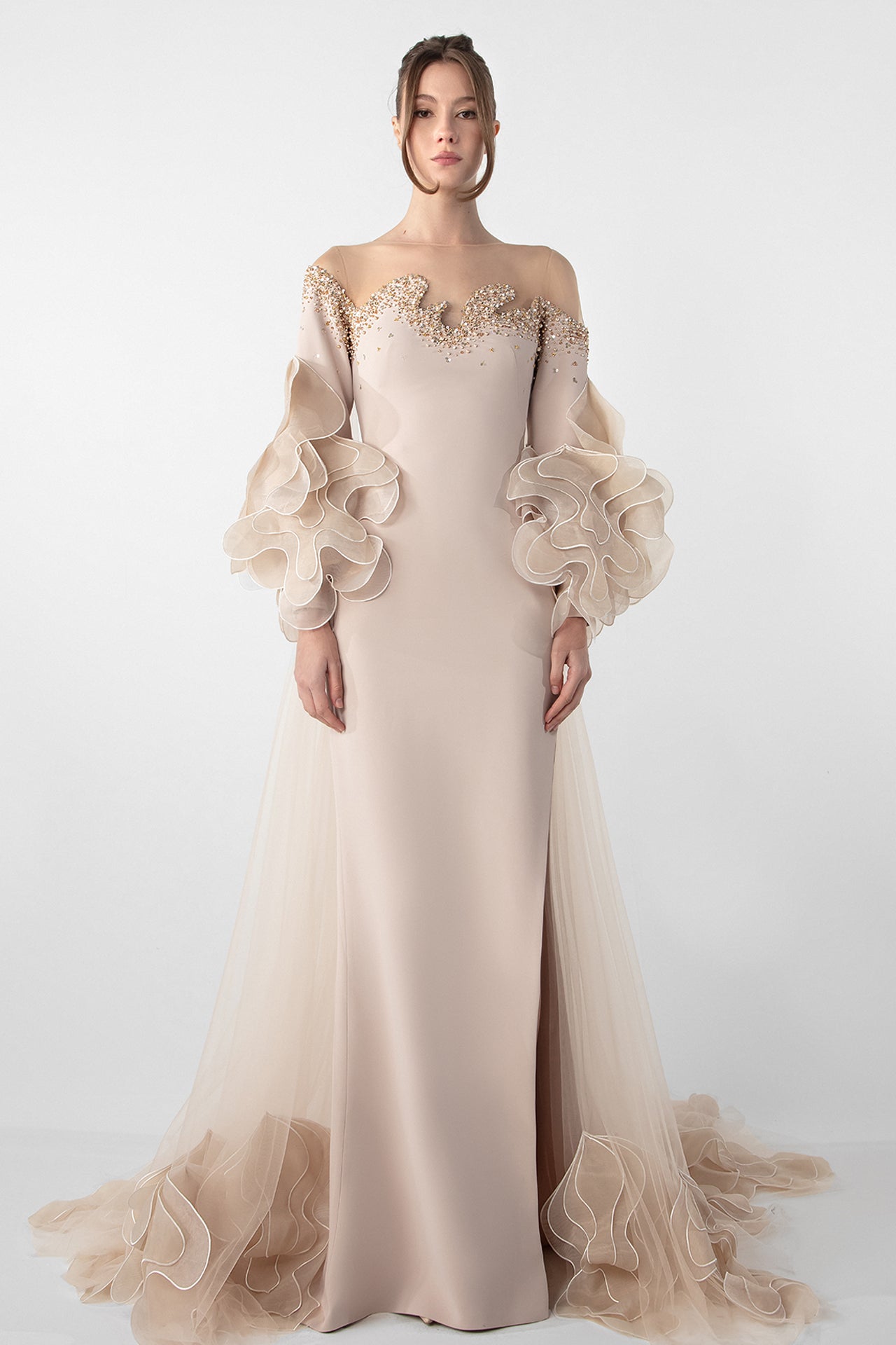 Off-Shoulder Dress with Ruffled Organza Sleeves