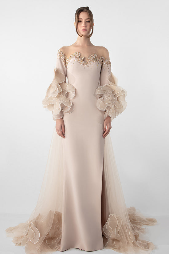 Off-Shoulder Dress with Ruffled Organza Sleeves