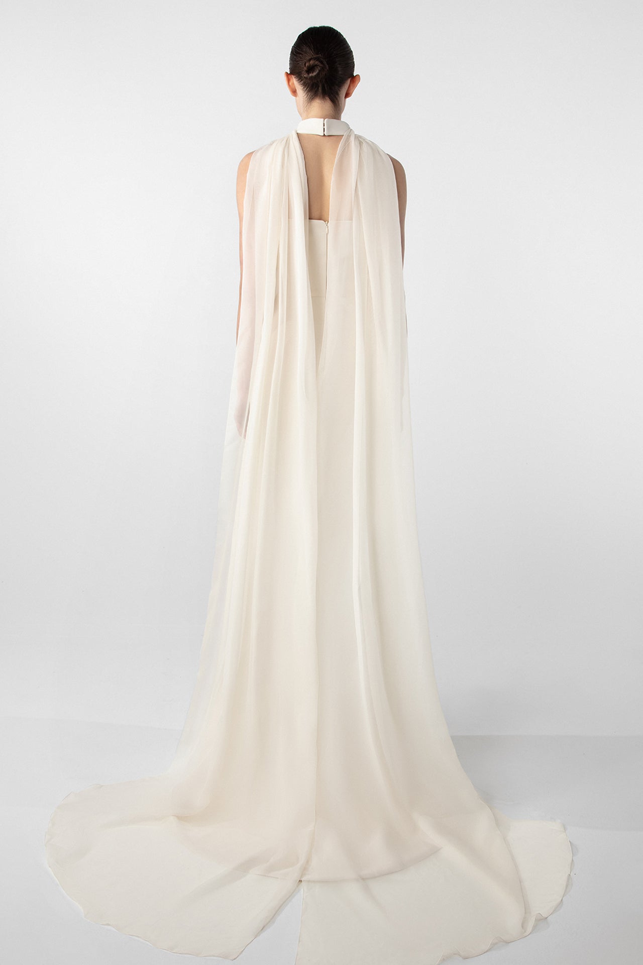 Asymmetrical Dress with Gold Accents and Chiffon Cape