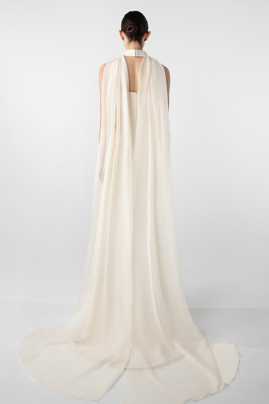 Asymmetrical Dress with Gold Accents and Chiffon Cape
