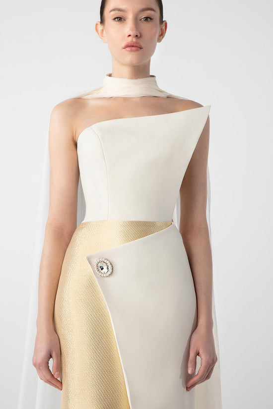 white dress with gold accents Pearl Accent Gown in White 3