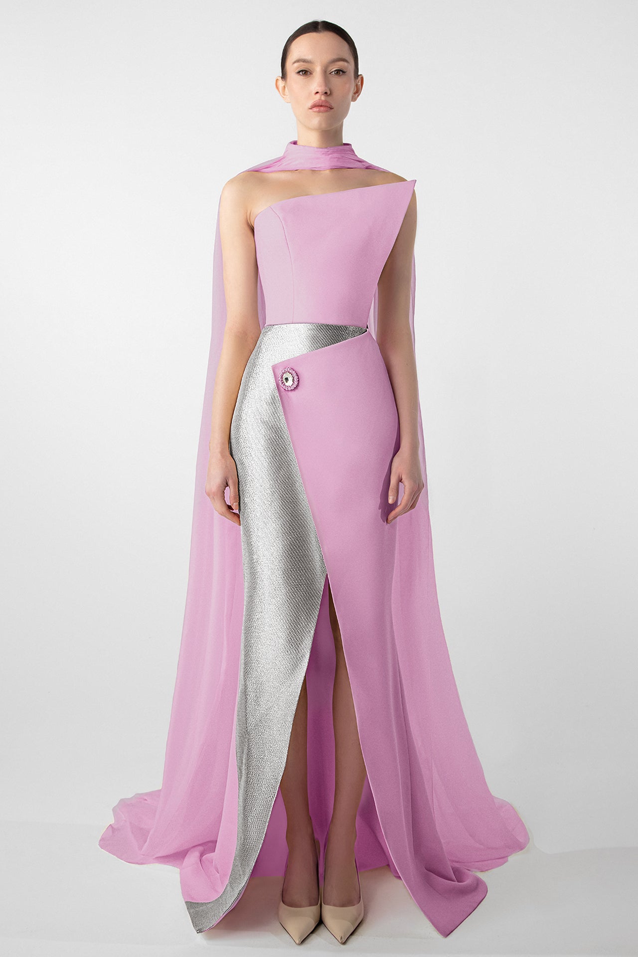 Asymmetrical Dress with Gold Accents and Chiffon Cape