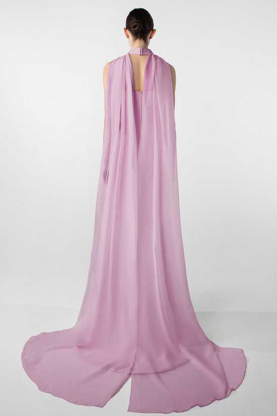 Asymmetrical Dress with Gold Accents and Chiffon Cape