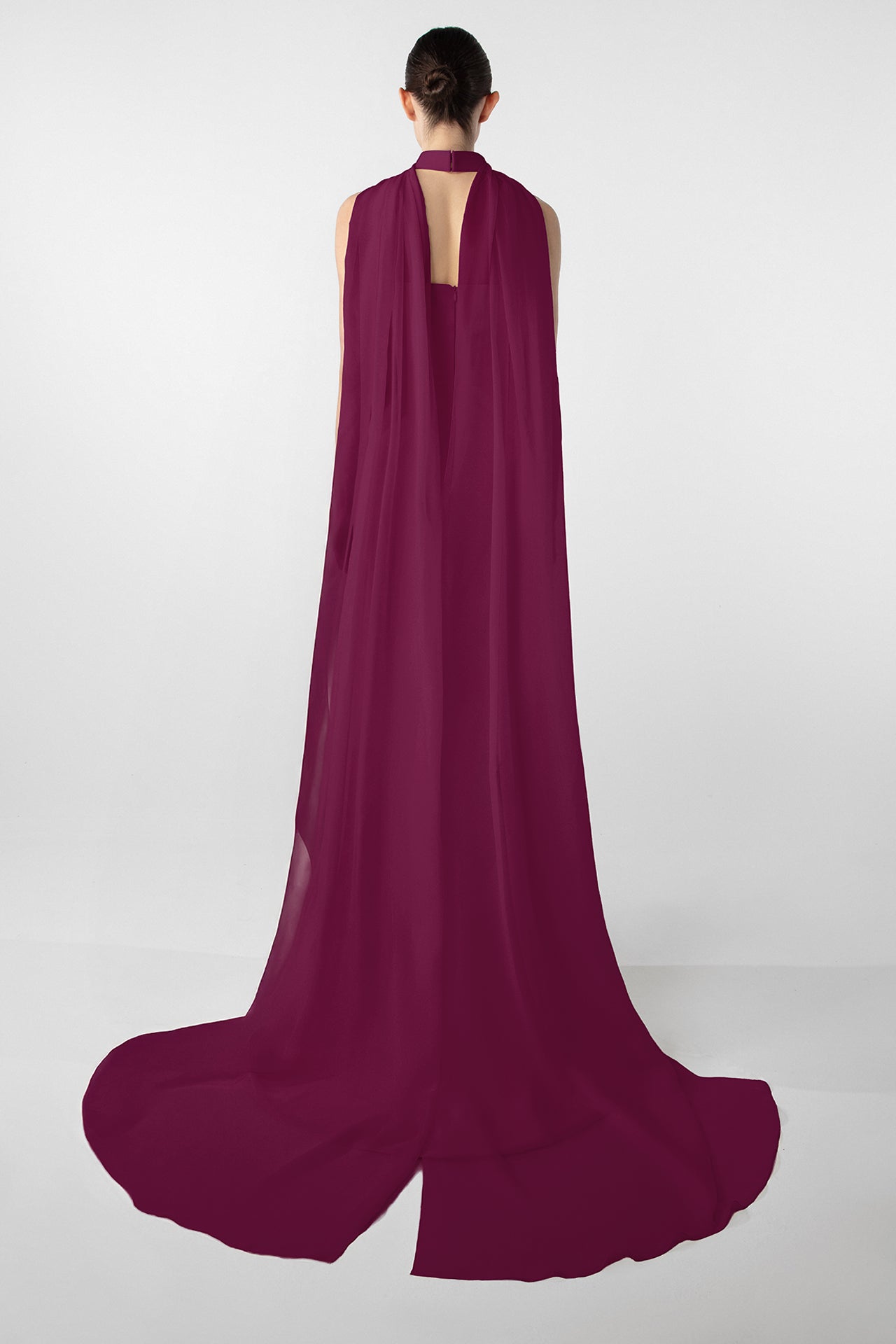 Asymmetrical Dress with Gold Accents and Chiffon Cape